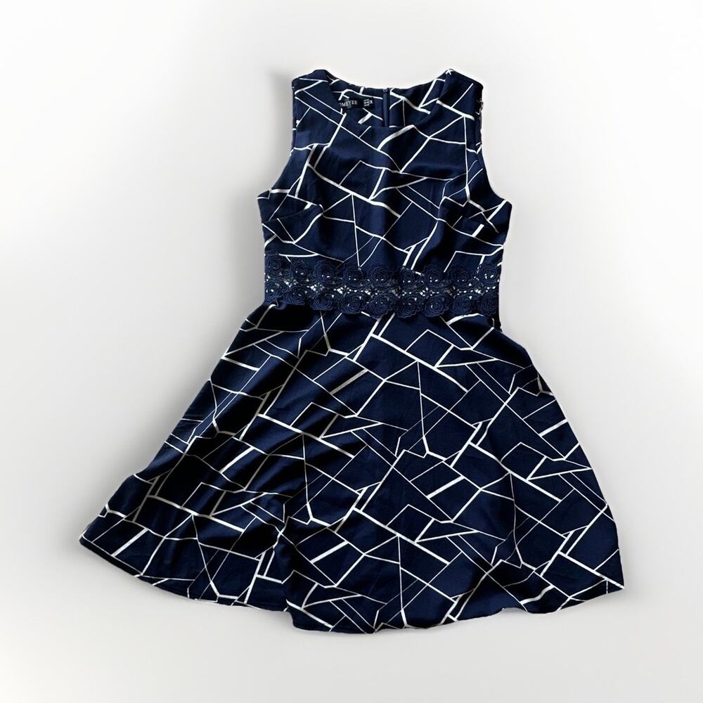 Homeyee Navy Geometric Fit & Flare Dress XL / US 12 Lace Waist Sleeveless